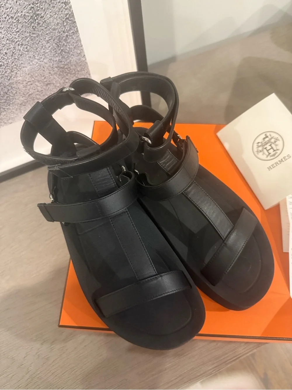 Hermes Enid Black Platform Strappy Ankle-Wrap Sandals